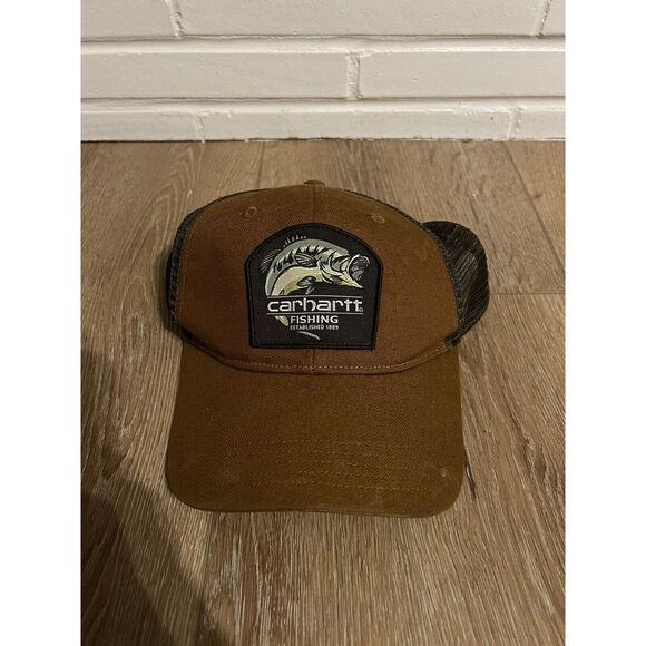 Carhartt Fishing Large Mouth Bass Embroidered Trucker Snapback Baseball Hat Cap - Picture 1 of 3